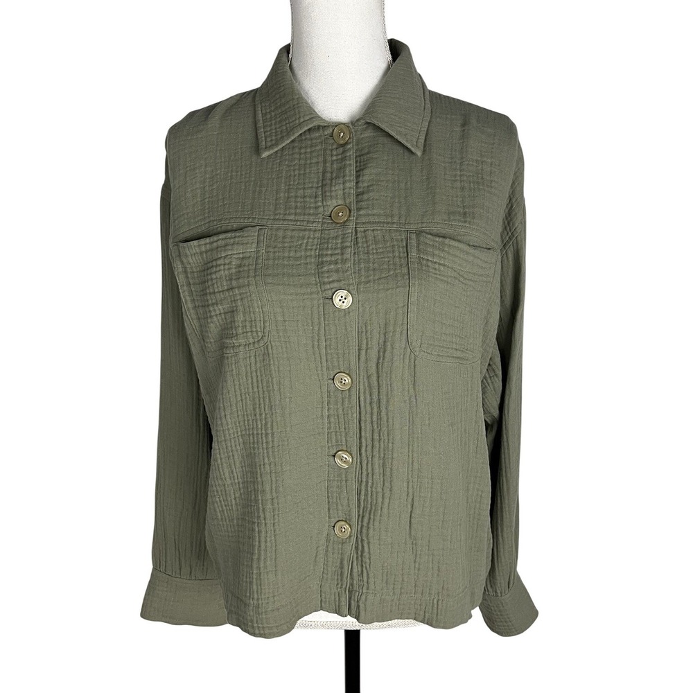 Haven Well Within Organic Cotton Gauze Long Sleeve Top Shirt Green Womens Size M
